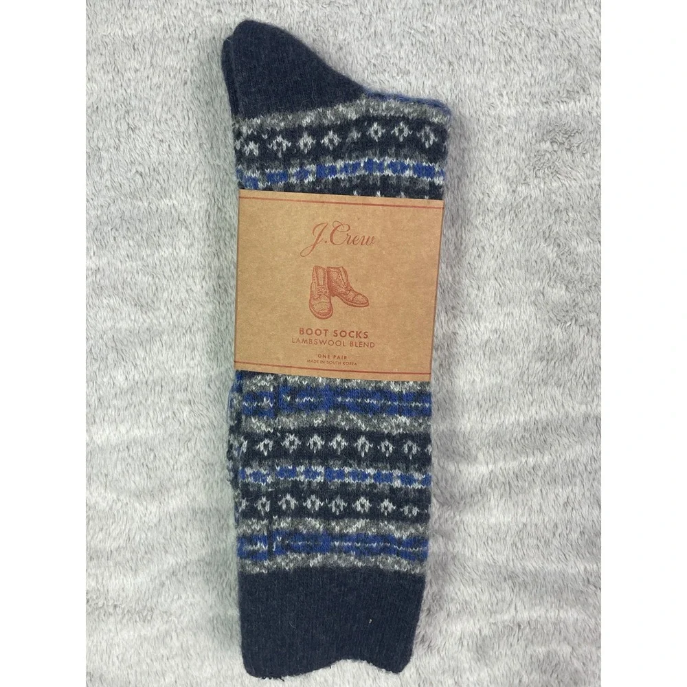NWT J.Crew Men's Boot Socks Lambswool Blend Fair Isle Blue Grey One Size BD115